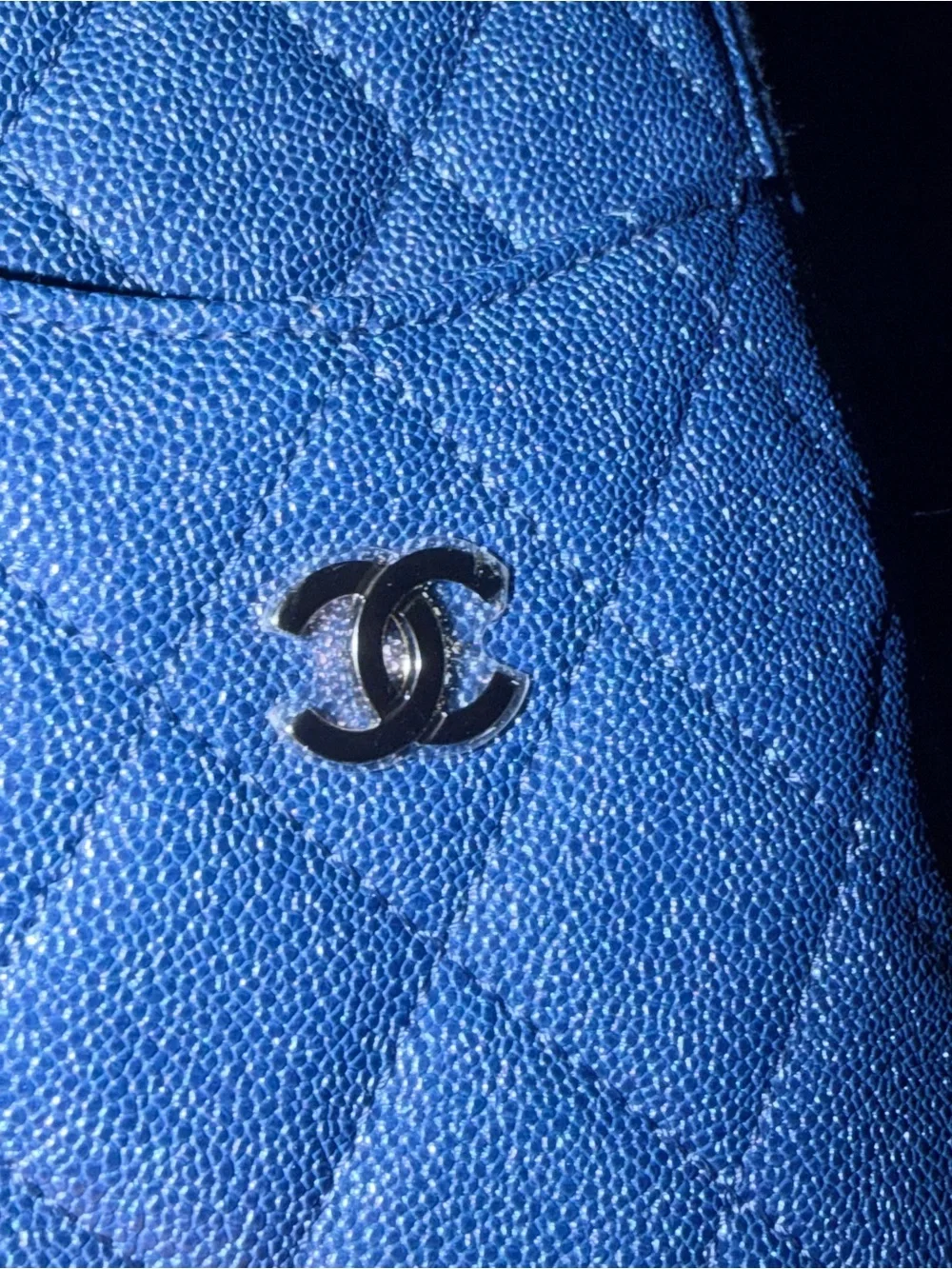 CHANEL Quilted Metallic Blue Zip Card Holder Wallet